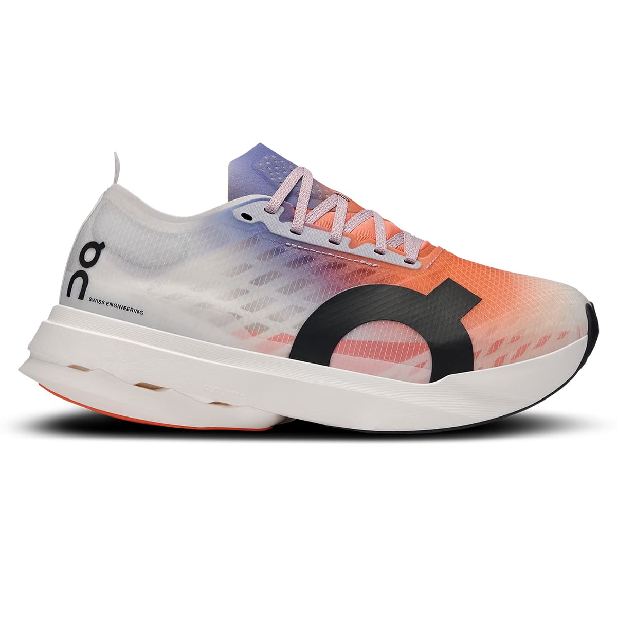 Right side view of the On Cloudboom Strike White-Flame men’s running shoe