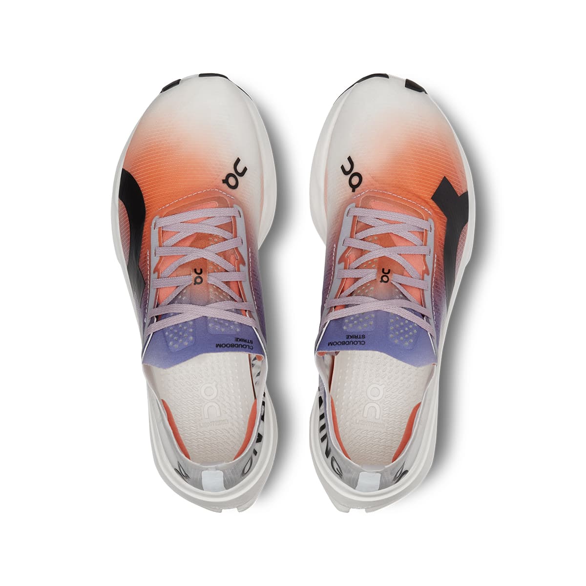 Top view of the On Cloudboom Strike White-Flame men’s running shoes