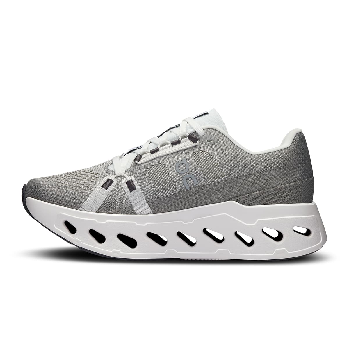 Left side view of the On Cloudeclipse Alloy-White women’s running shoe