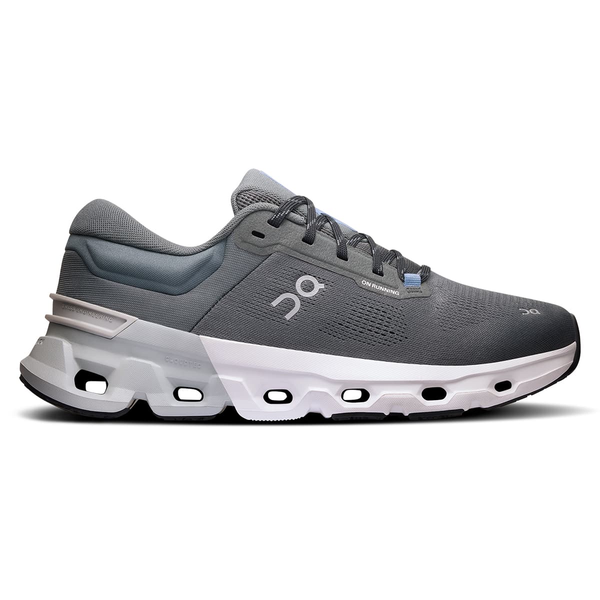 Right side view of the On Cloudflyer 5 Stone-Glacier men’s running shoe
