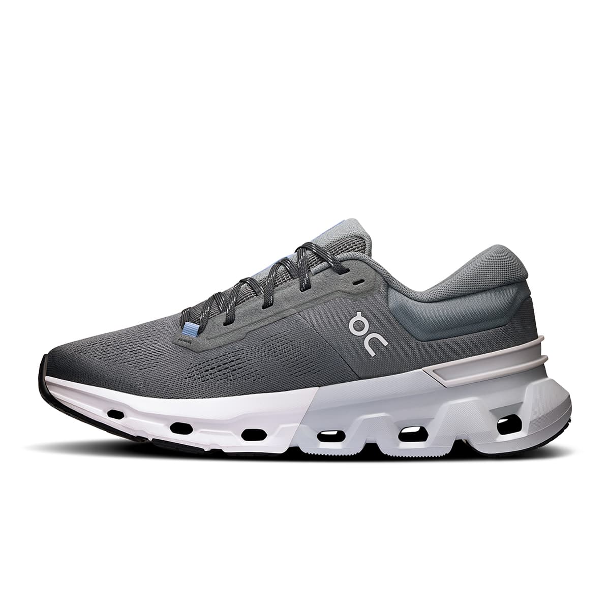 Left side view of the On Cloudflyer 5 Stone-Glacier men’s running shoe