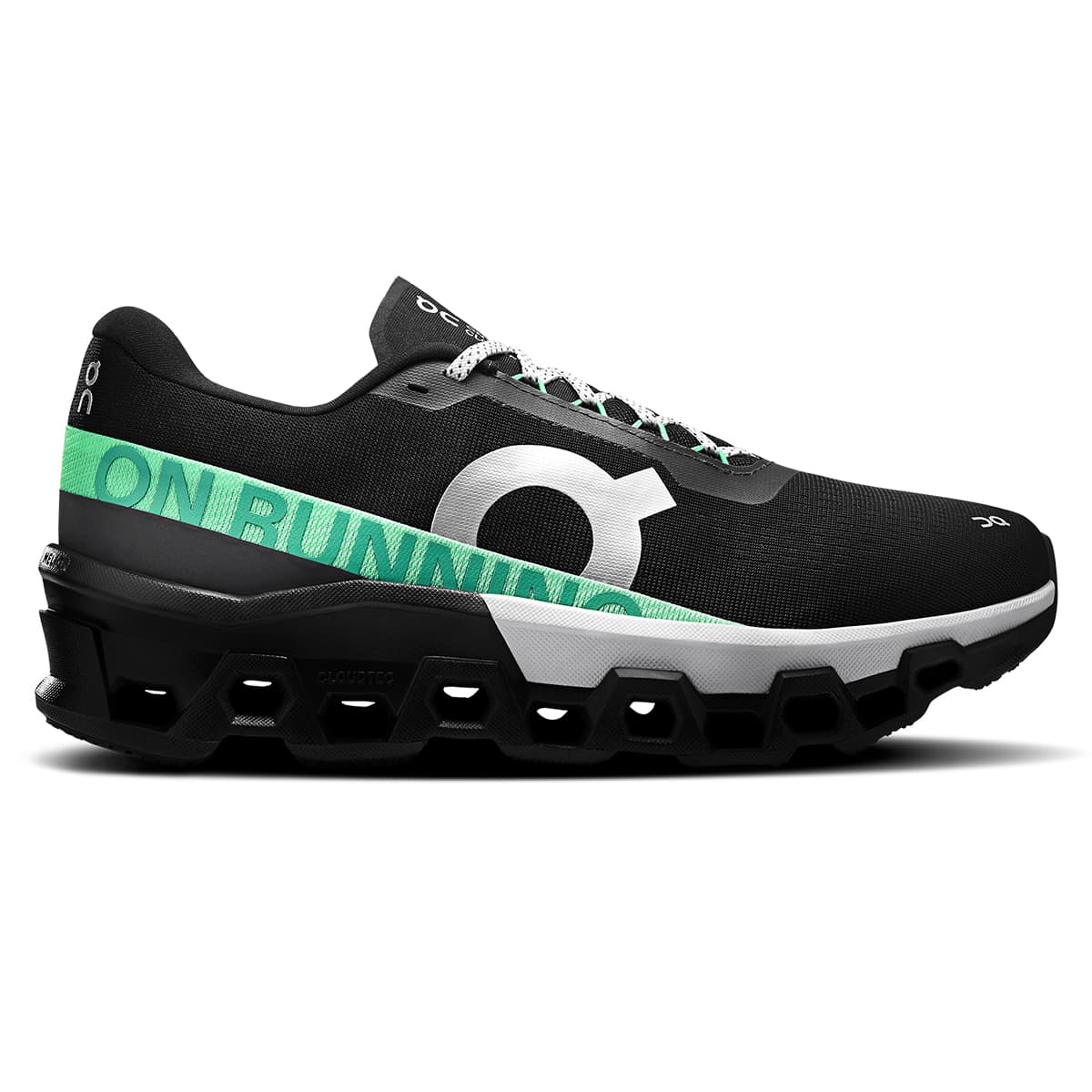 Right side view of the On Cloudmonster 2 Black-Glacier men’s running shoe