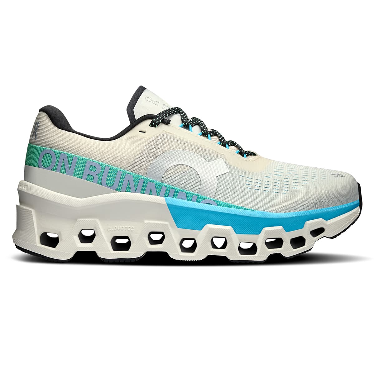 Right side view of the On Cloudmonster 2 Cream Horizon women’s running shoe