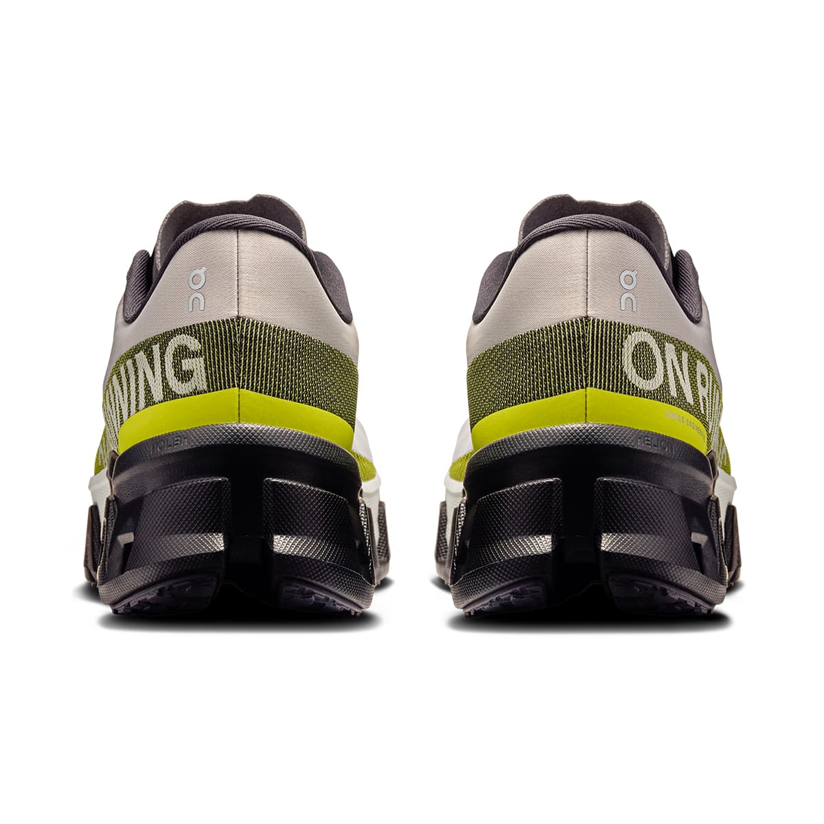 Back view of the On Cloudmonster Hyper Fade Lime men’s running shoe