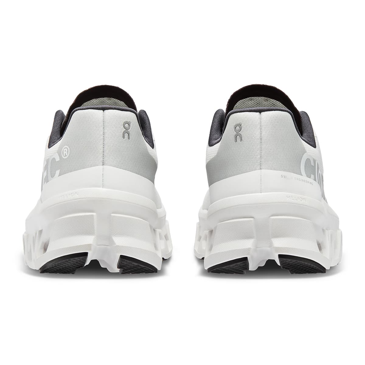 Back view of the On Cloudmonster All White women’s running shoe