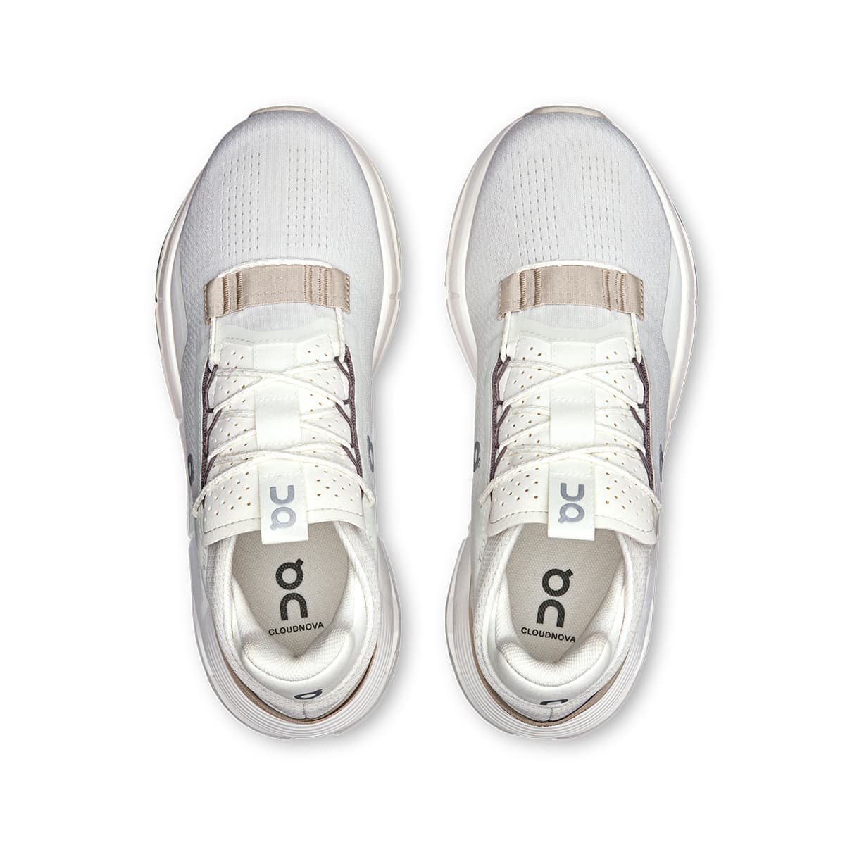 Top view of the On Cloudnova 2 Ice Sand women’s running shoes