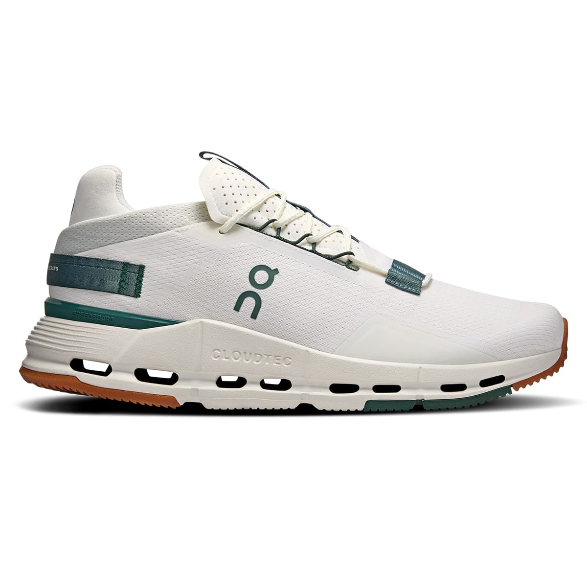 Right side view of the On Cloudnova 2 Ivory-Olive men’s running shoe
