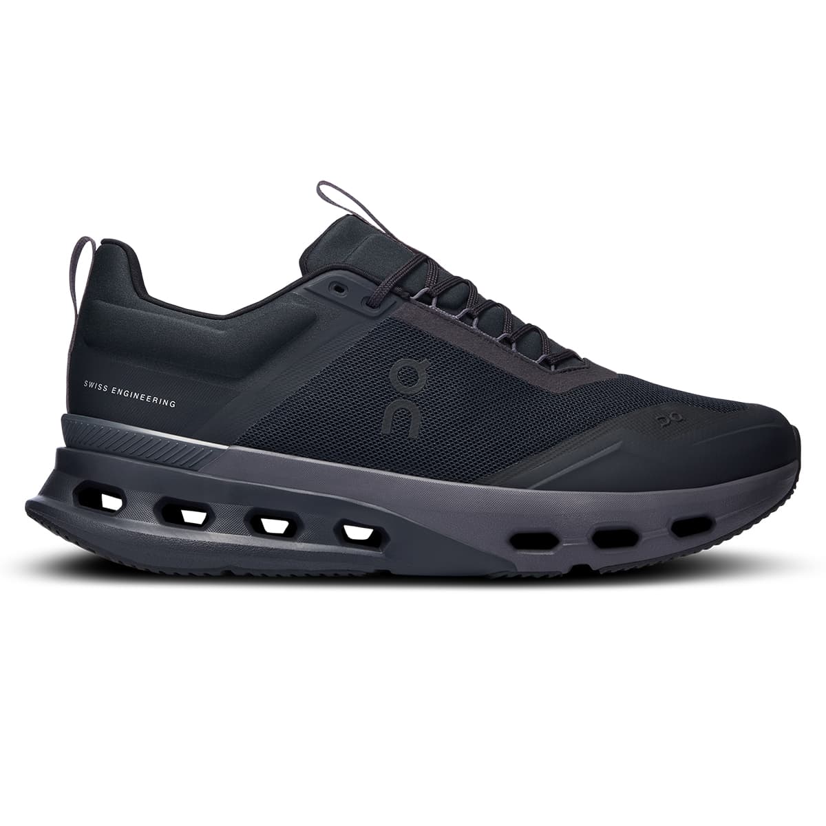 Right side view of the On Cloudnova X Black-Eclipse men’s running shoe