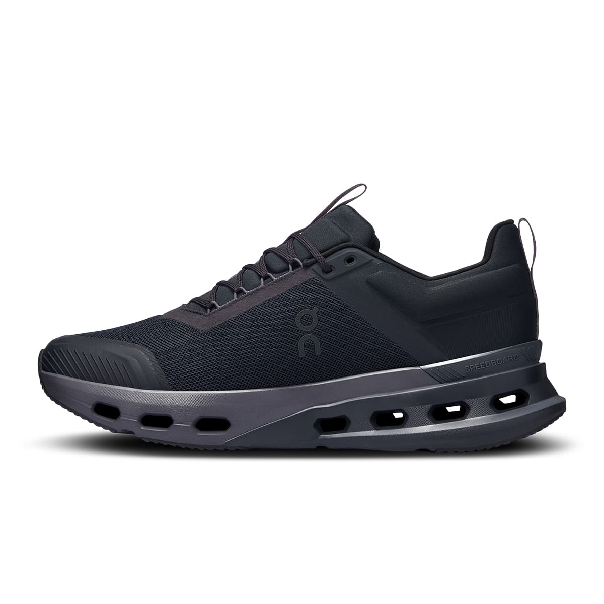 Left side view of the On Cloudnova X Black-Eclipse men’s running shoe