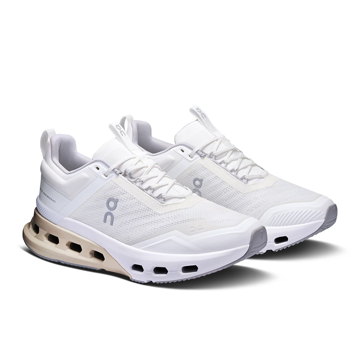 45-degree view of the On Cloudnova X White Glacier women’s running shoe