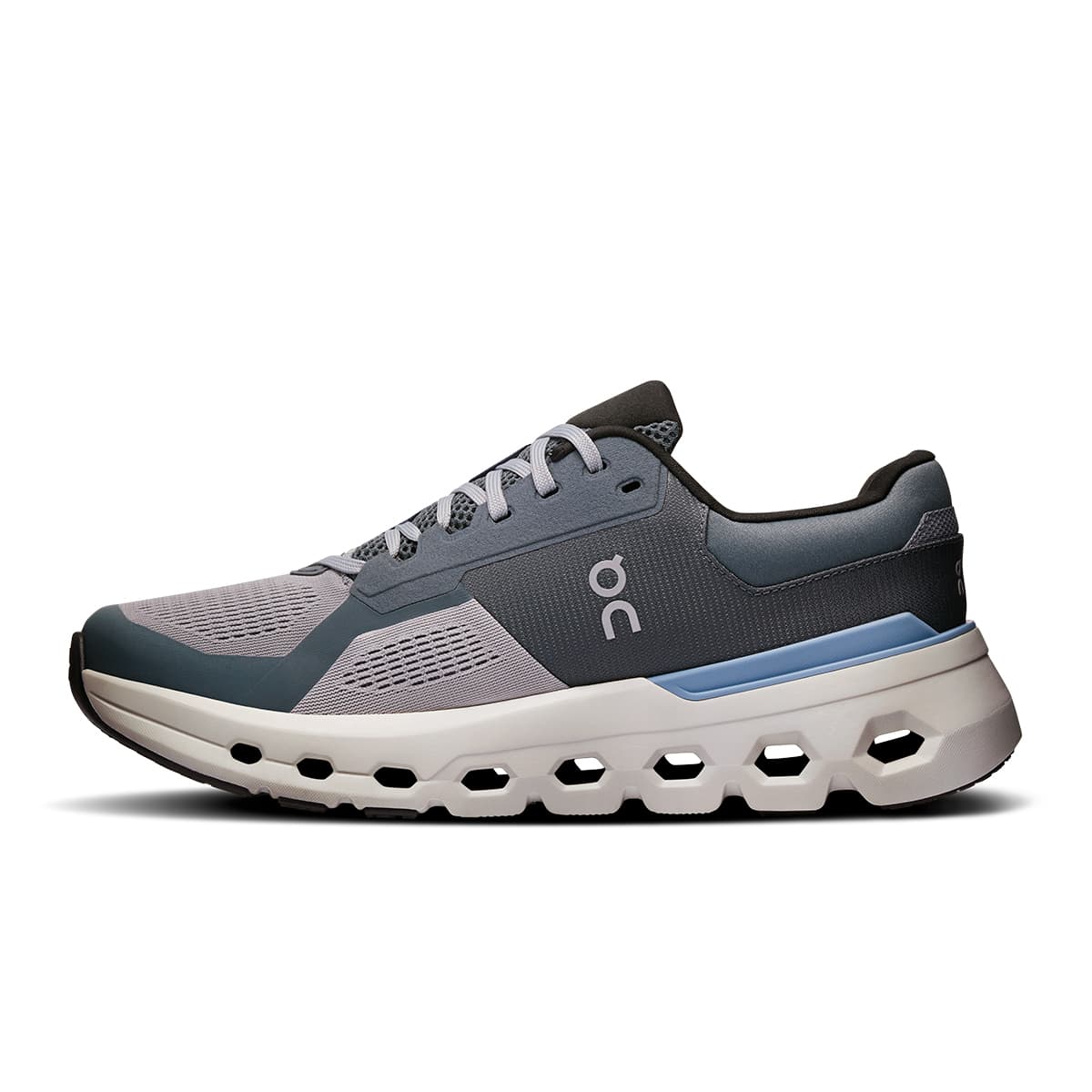 Left side view of the On Cloudrunner 2 Alloy Chambray men’s running shoe