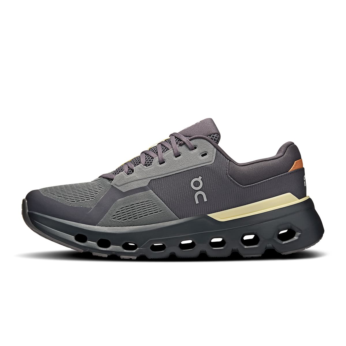 Left side view of the On Cloudrunner 2 Rock-Tangerine men’s running shoe