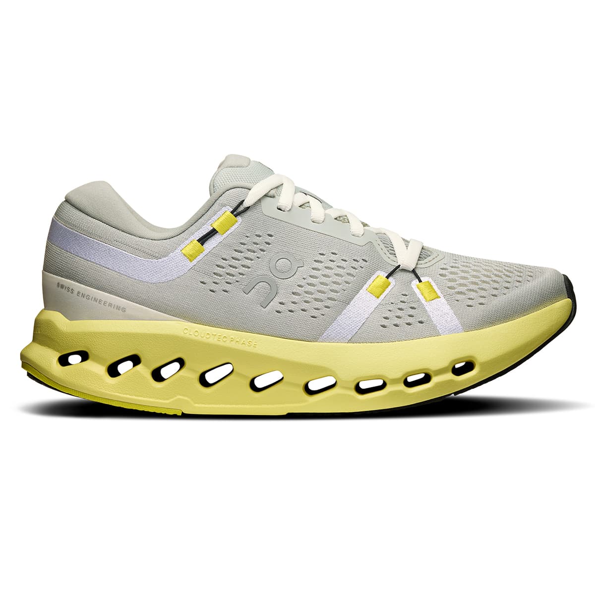 Right side view of the On Cloudsurfer 2 Glacier Limelight women’s running shoe