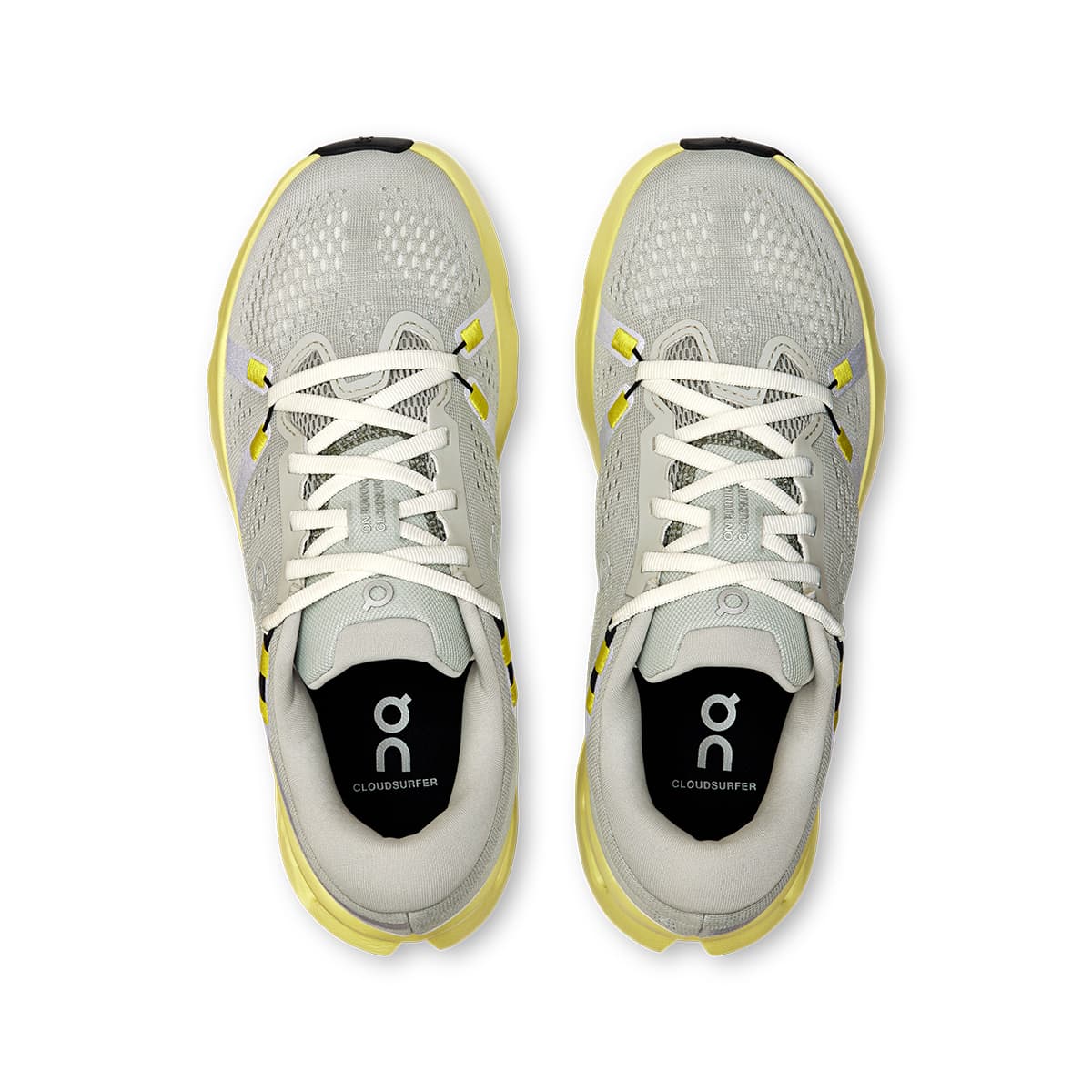 Top view of the On Cloudsurfer 2 Glacier Limelight women’s running shoes