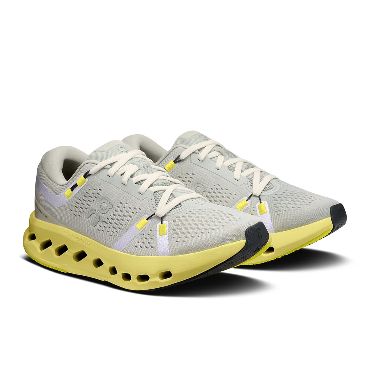 45-degree view of the On Cloudsurfer 2 Glacier Limelight women’s running shoe