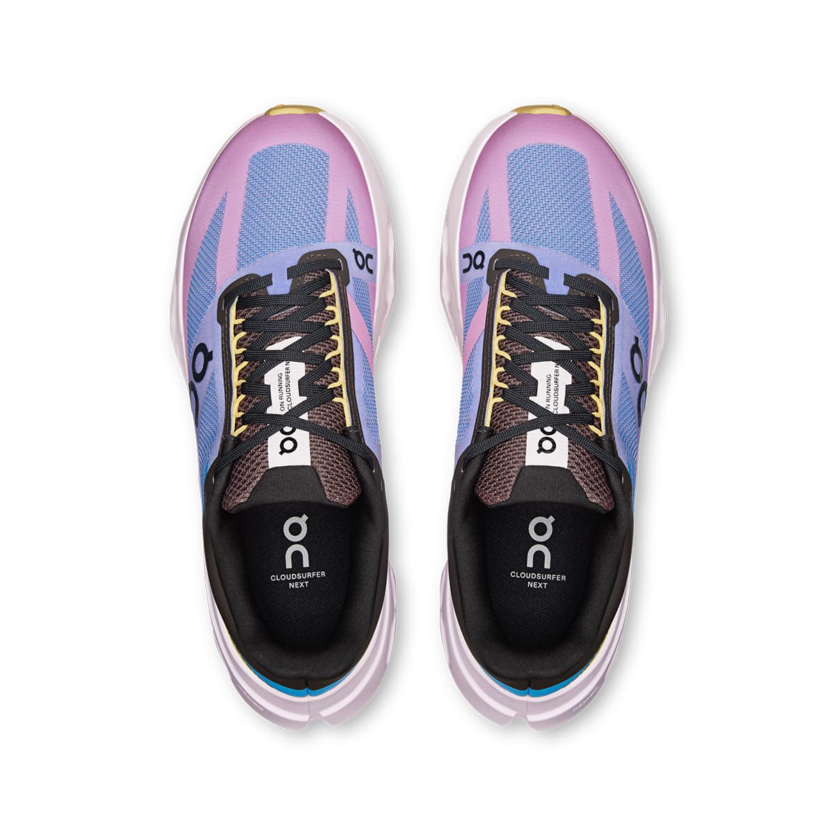 Top view of the On Cloudsurfer Next Malibu-Raspberry women’s running shoes #color_malibu-raspberry