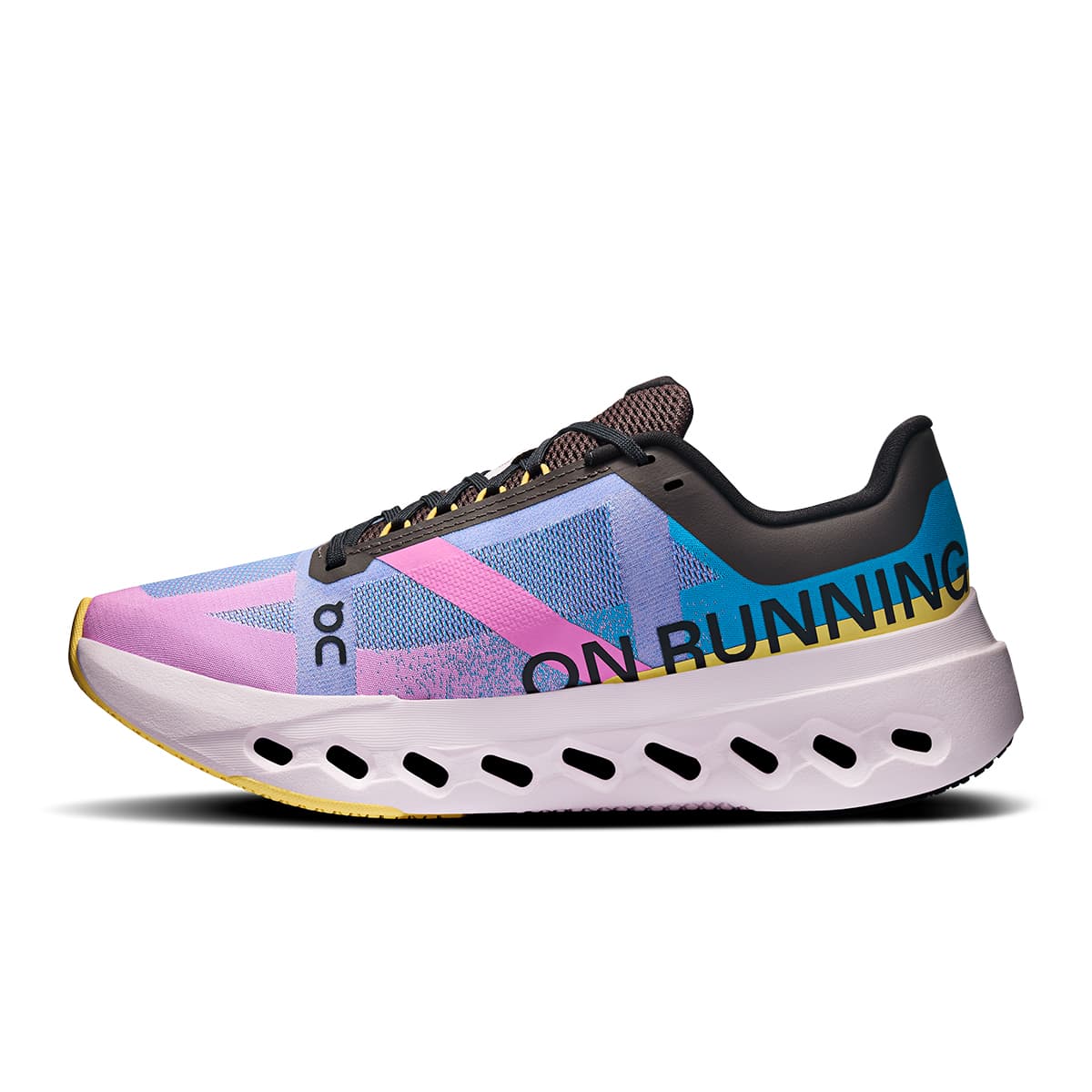 Left side view of the On Cloudsurfer Next Malibu-Raspberry women’s running shoe