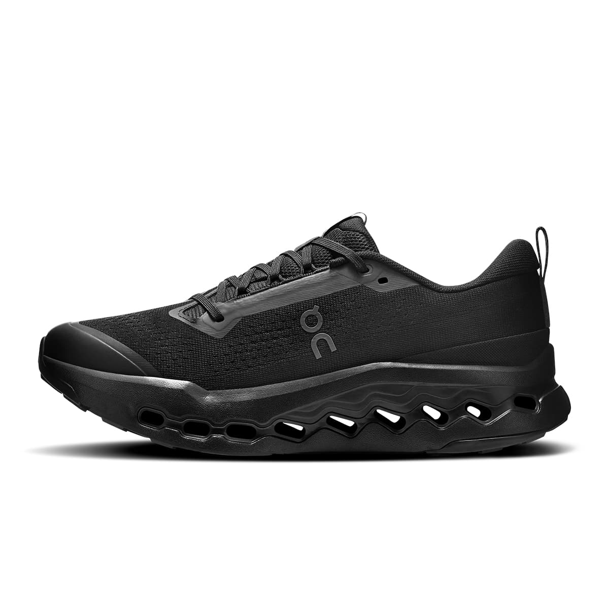 Left side view of the On Cloudsurfer 2 Trail Black-Eclipse men’s running shoe #color_black-eclipse