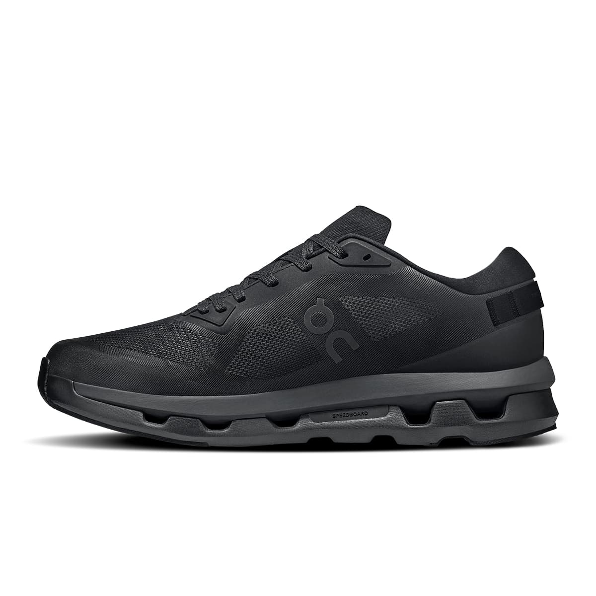 Left side view of the On Cloudzone Black-Eclipse men’s sneaker shoe #color_black-eclipse