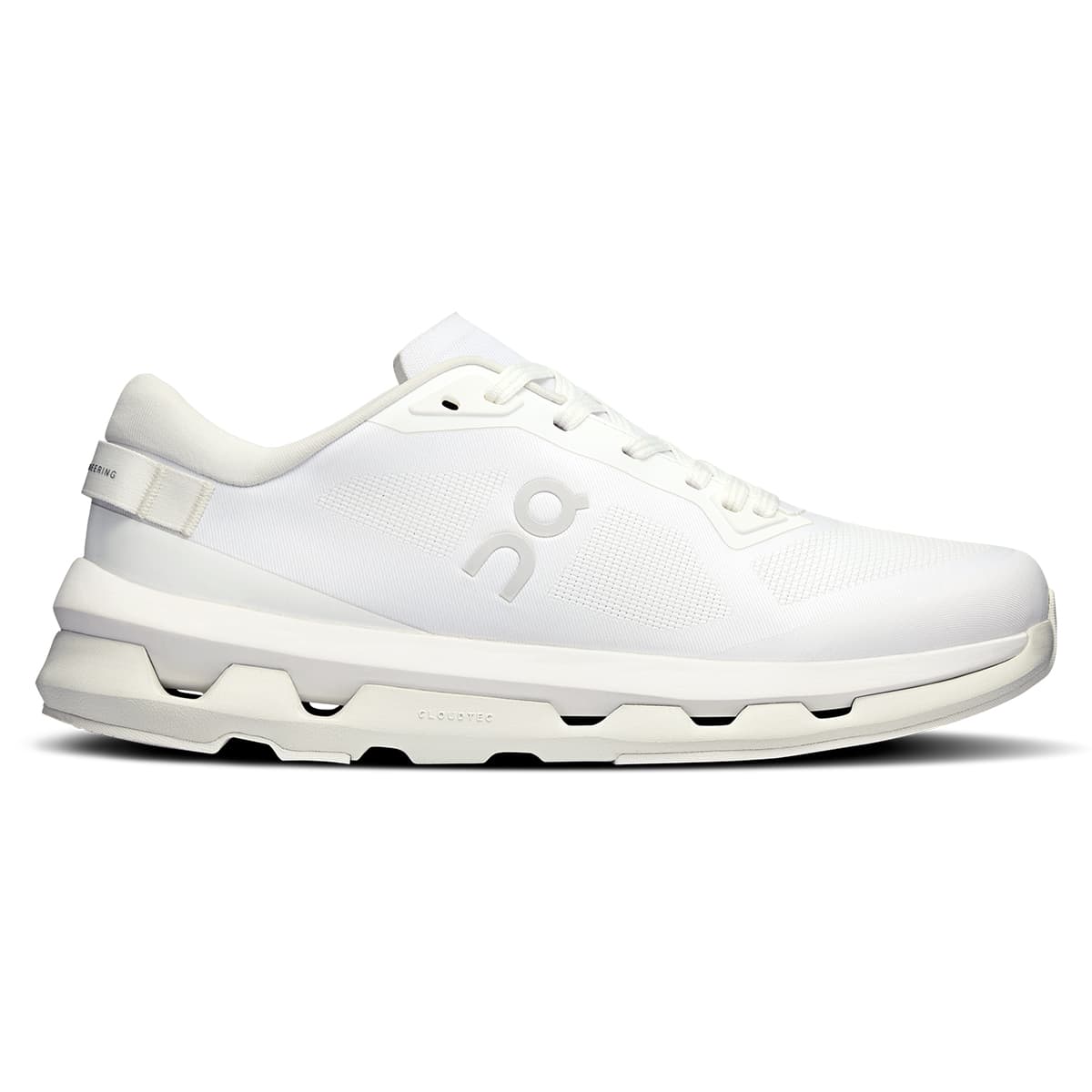 Right side view of the On Cloudzone White-White women’s sneaker shoe