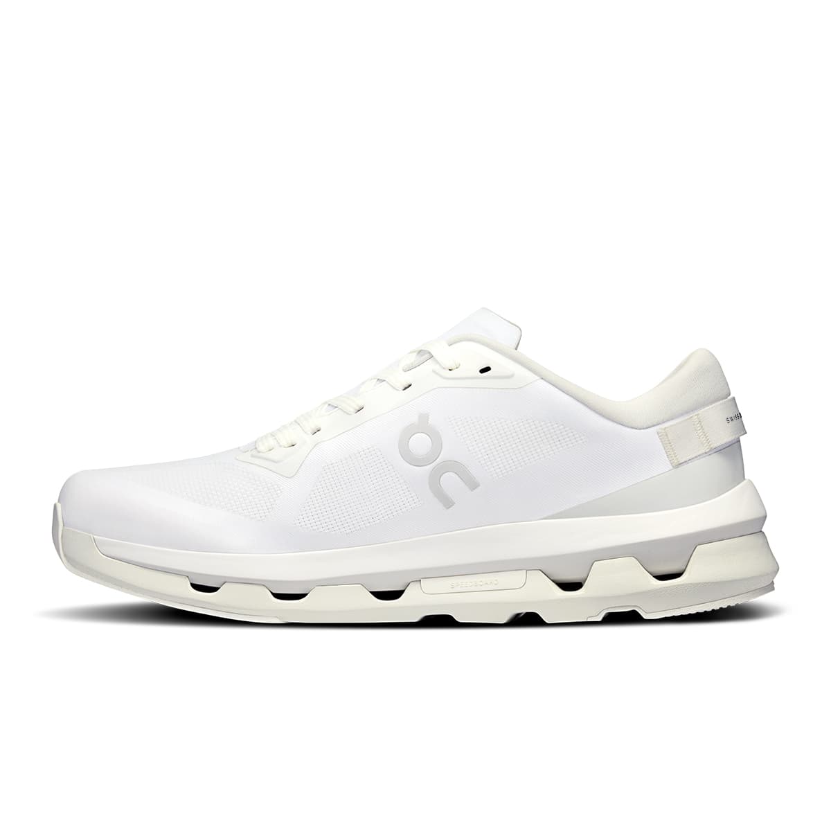 Left side view of the On Cloudzone White-White women’s sneaker shoe