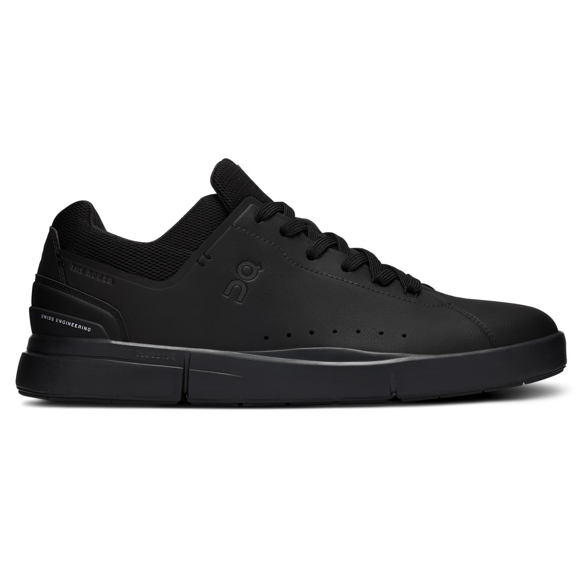 Right side view of the On The Roger Advantage All-Black women’s running shoe