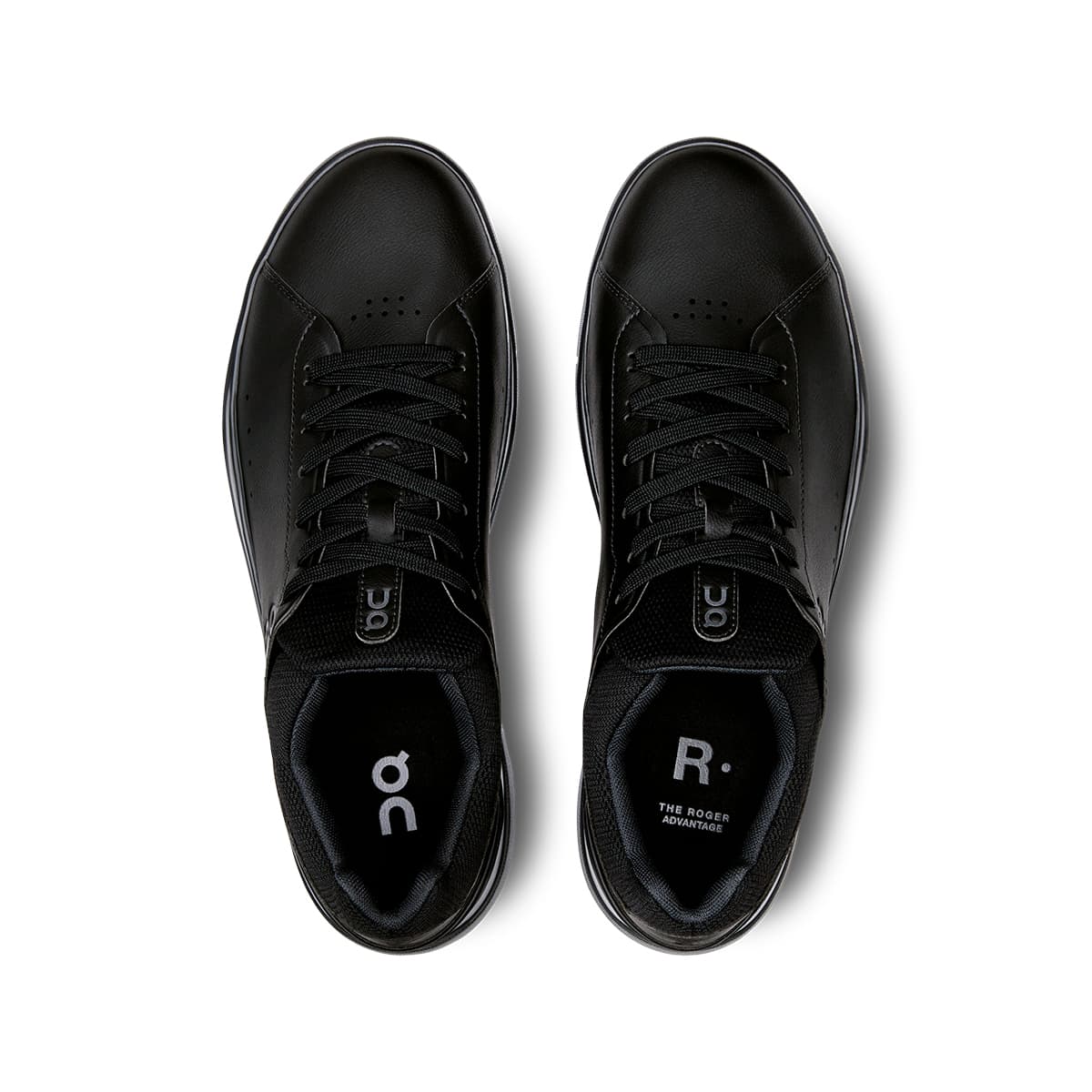 Top view of the On The Roger Advantage All-Black women’s running shoes