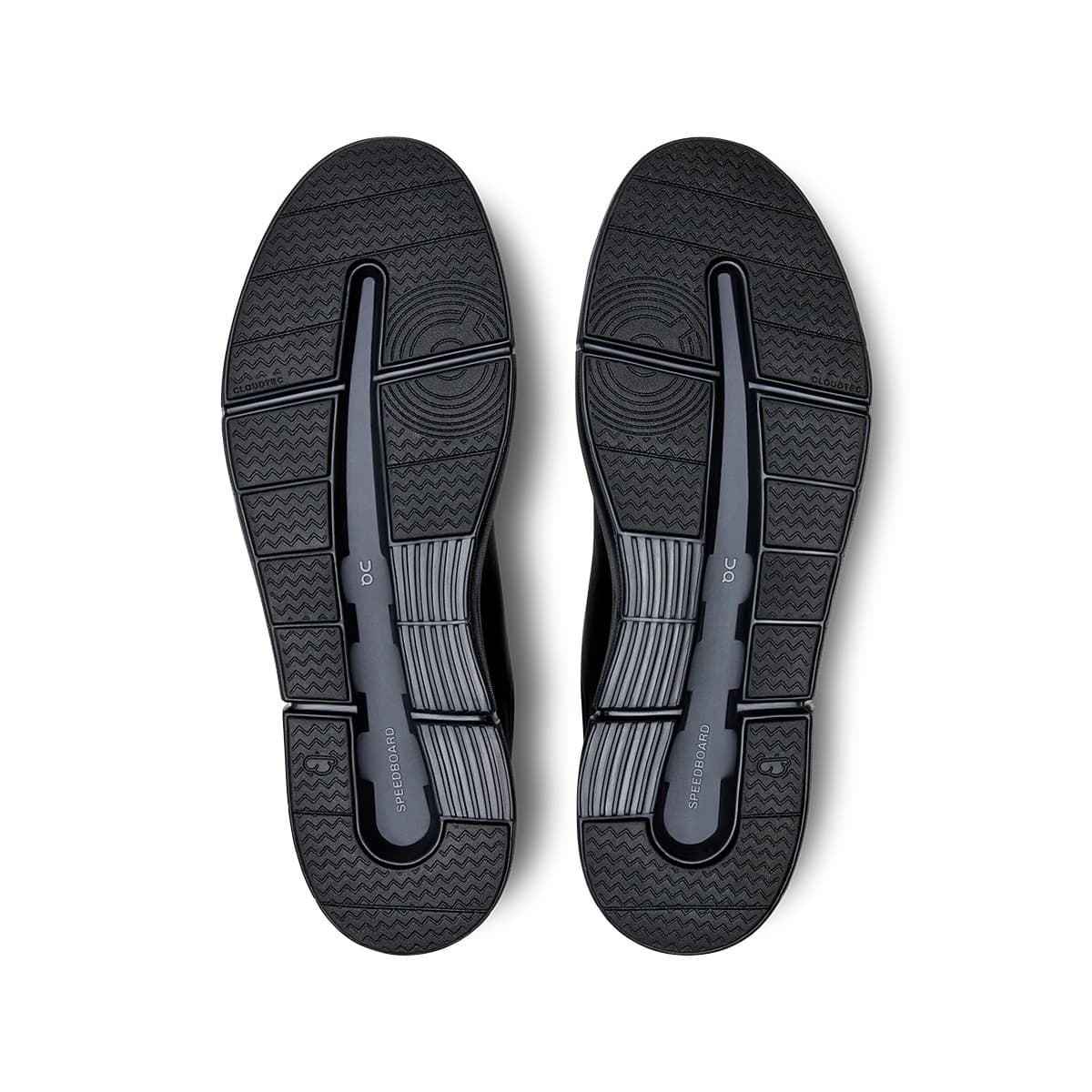Soles of the On The Roger Advantage All-Black women’s running shoes