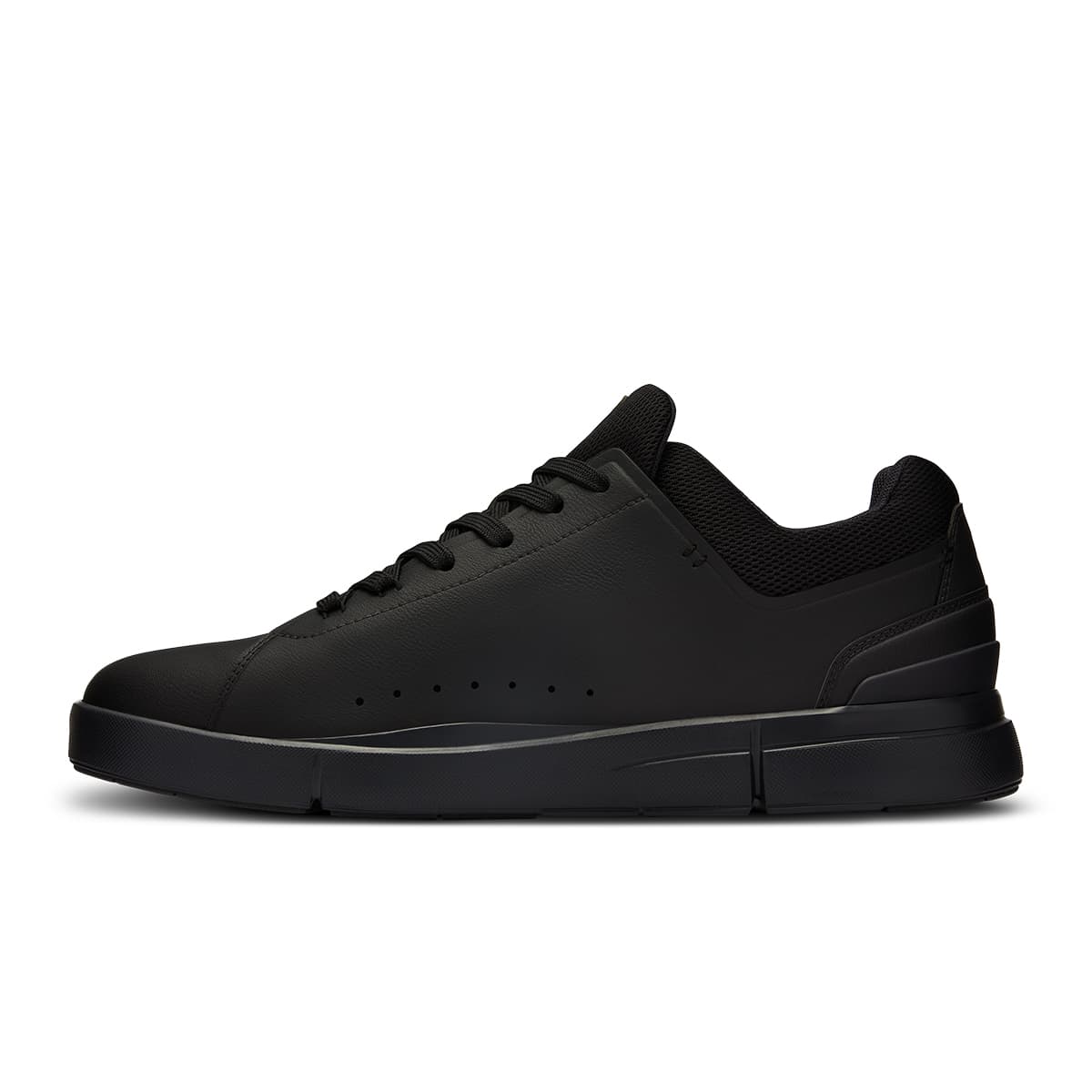 Left side view of the On The Roger Advantage All-Black women’s running shoe