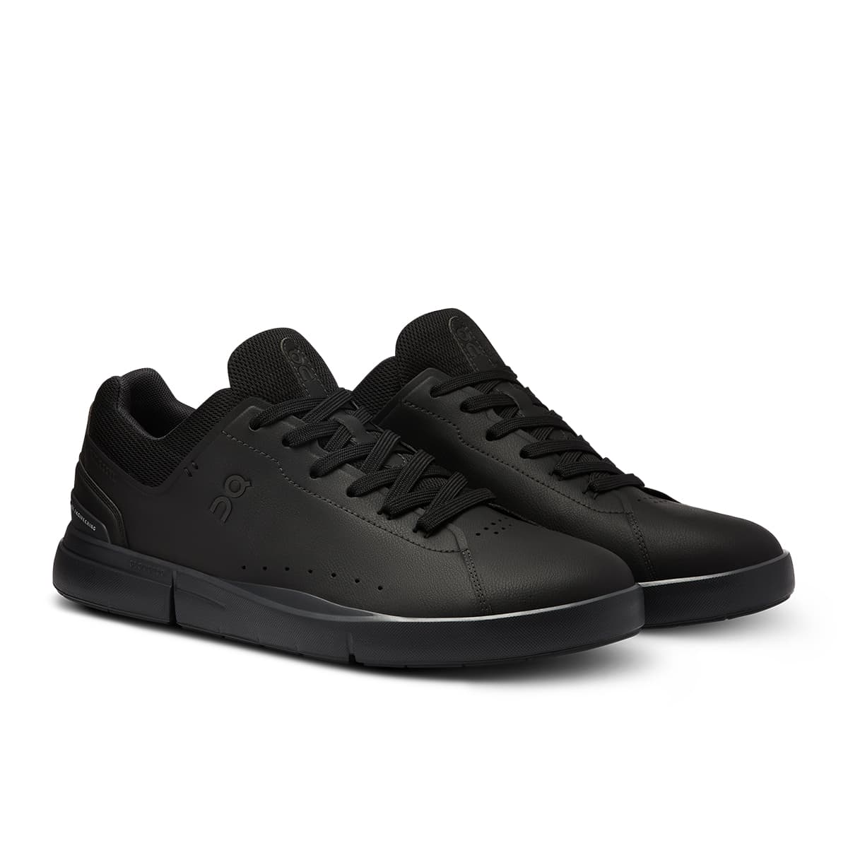 45-degree view of the On The Roger Advantage All-Black women’s running shoe