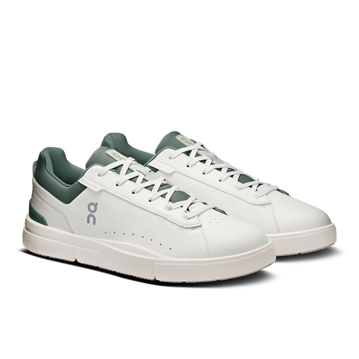 45-degree view of the On The Roger Advantage White-Olive men’s running shoe