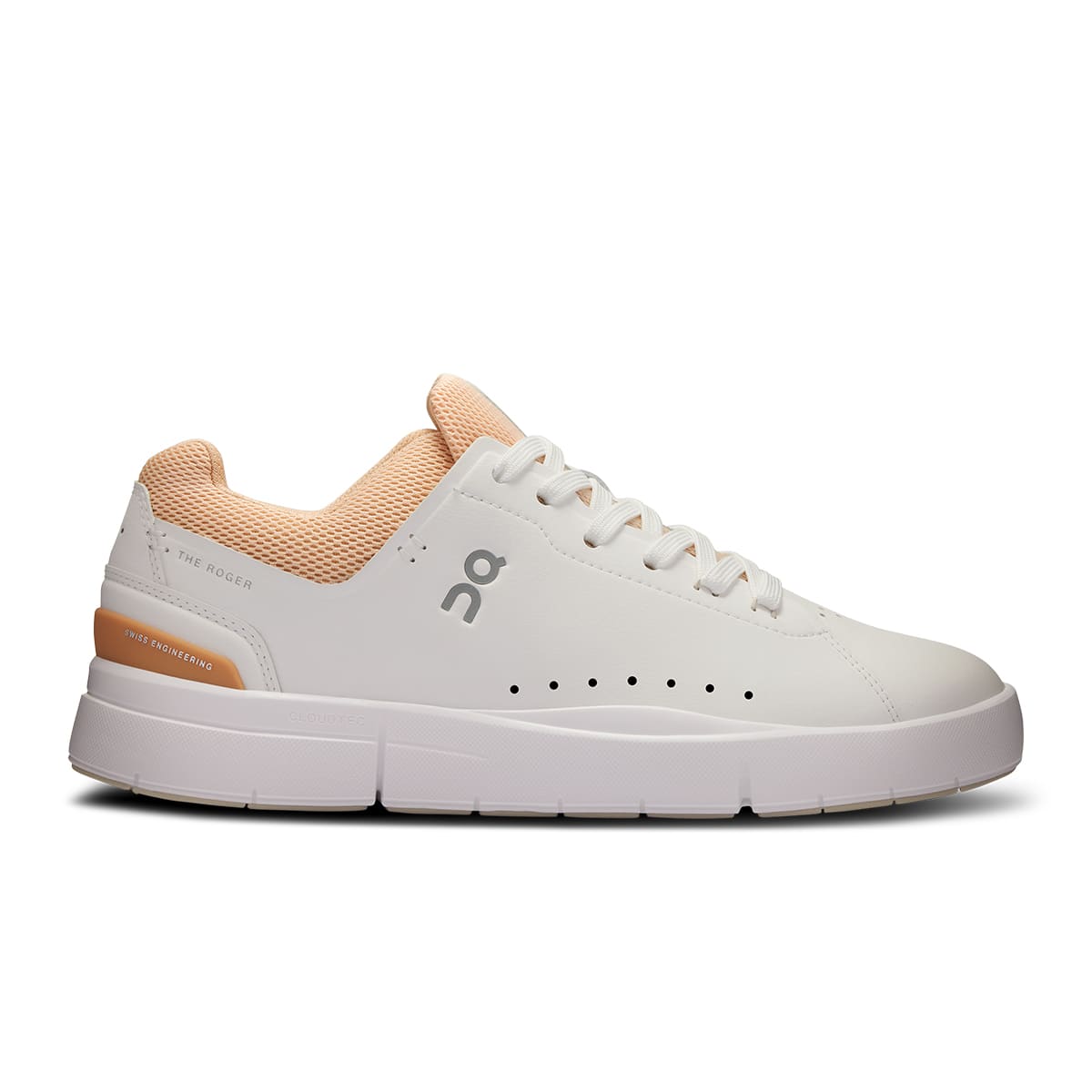 Right side view of the On The Roger Advantage White-Savannah women’s running shoe