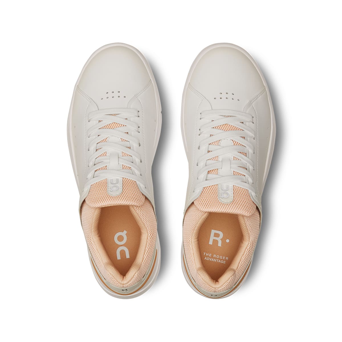 Top view of the On The Roger Advantage White-Savannah women’s running shoes