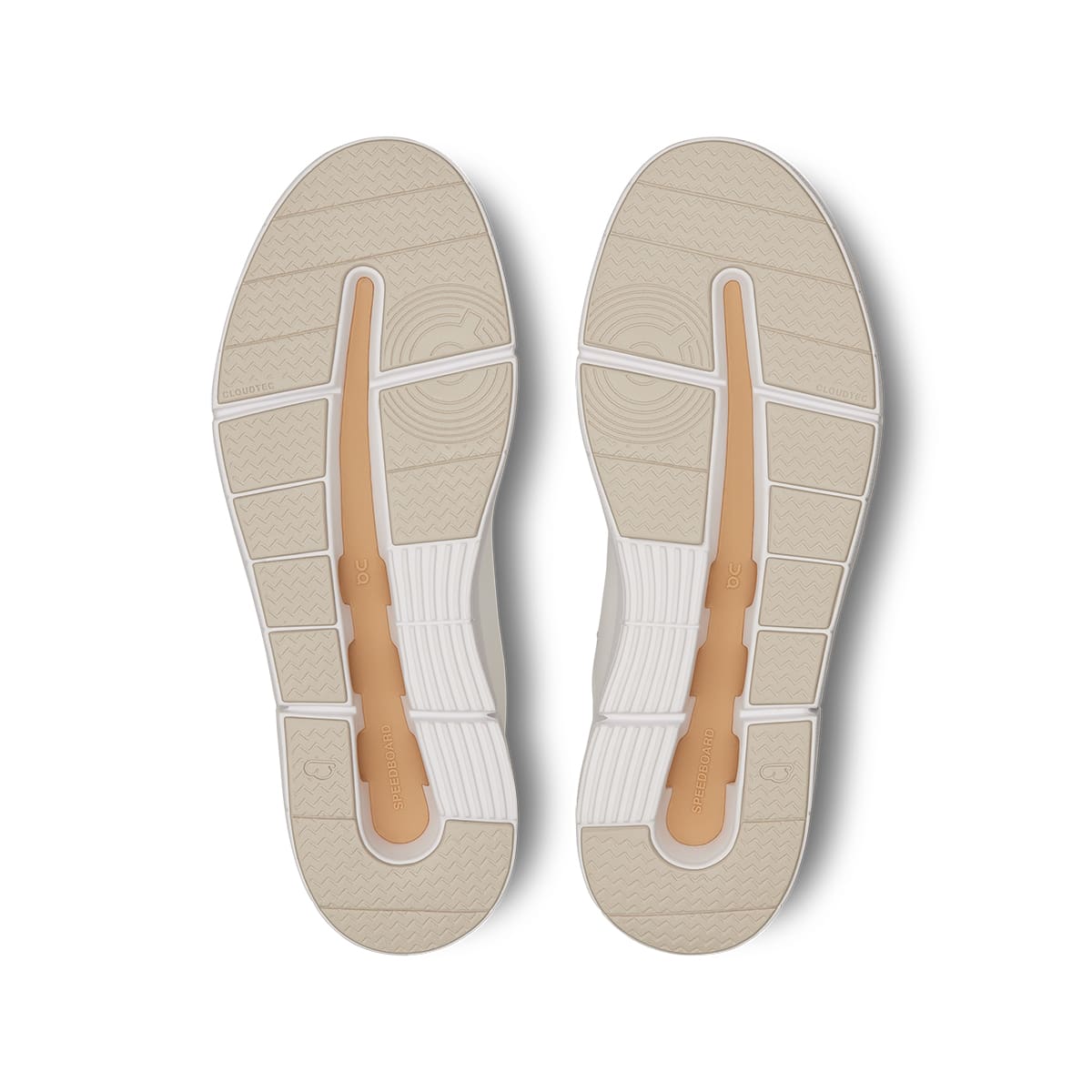 Soles of the On The Roger Advantage White-Savannah women’s running shoes