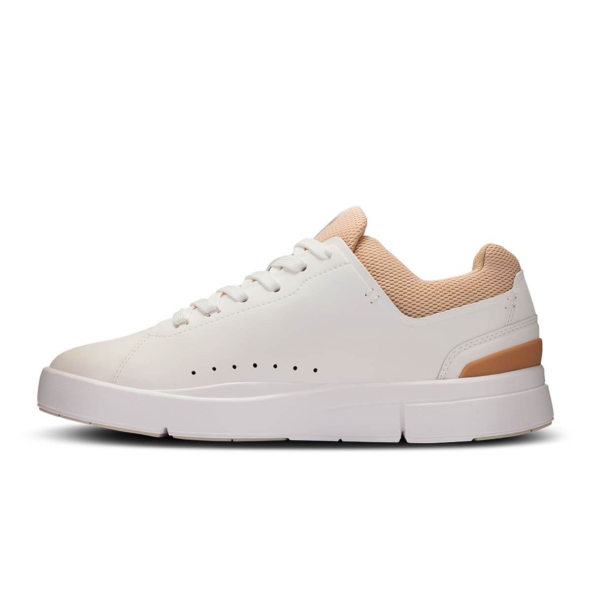 Left side view of the On The Roger Advantage White-Savannah women’s running shoe