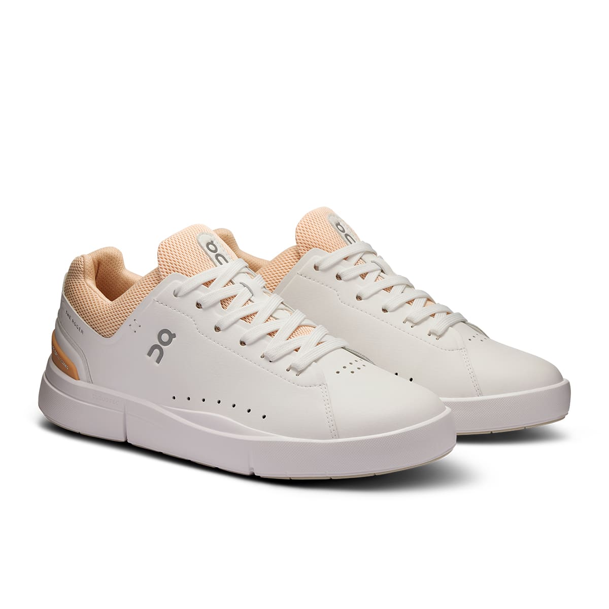 45-degree view of the On The Roger Advantage White-Savannah women’s running shoe