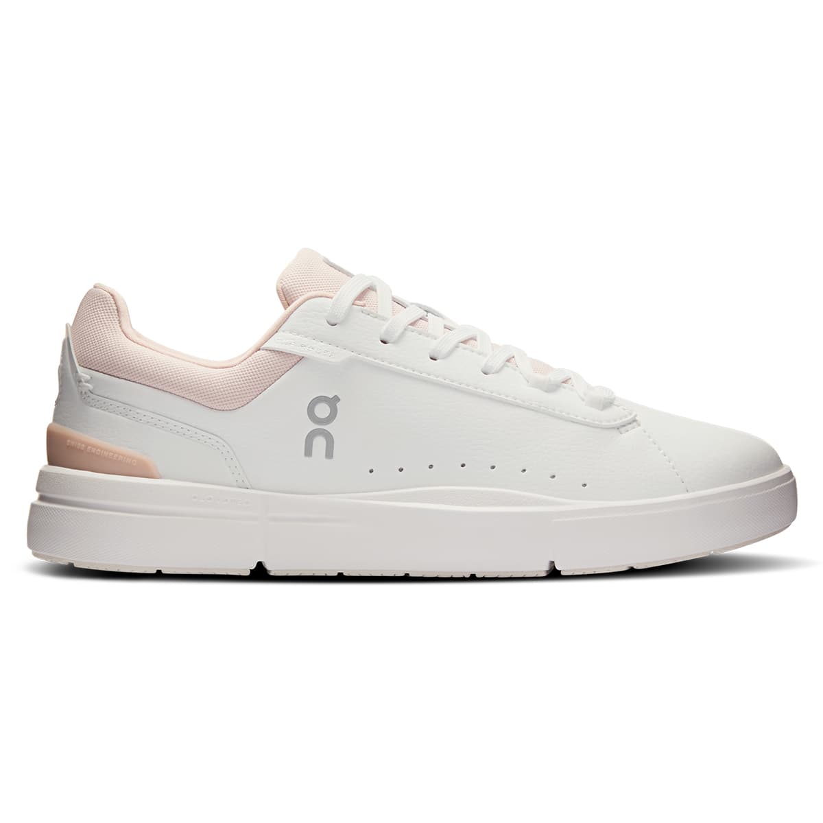 Right side view of the On The Roger Advantage White Rosehip women’s running shoe