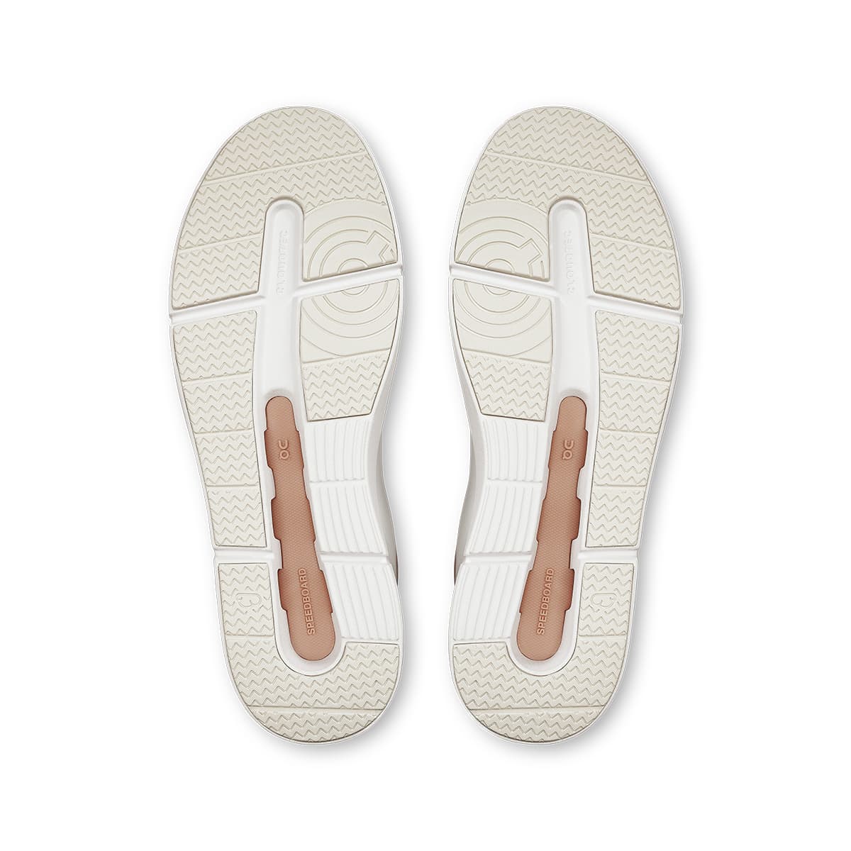 Soles of the On The Roger Advantage White Rosehip women’s running shoes