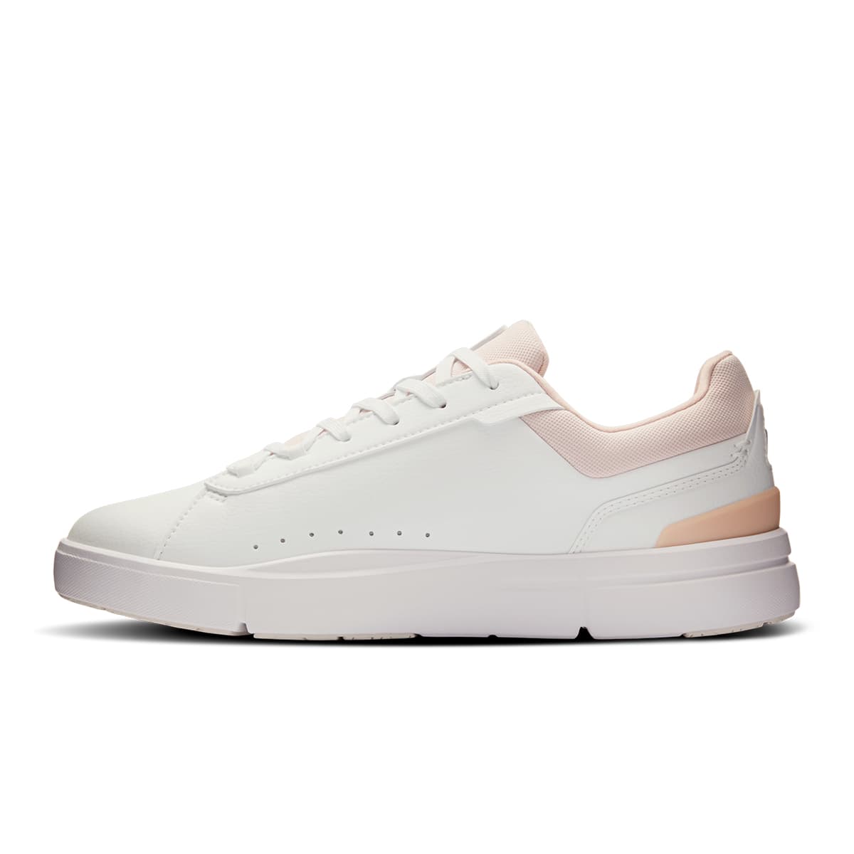 Left side view of the On The Roger Advantage White Rosehip women’s running shoe