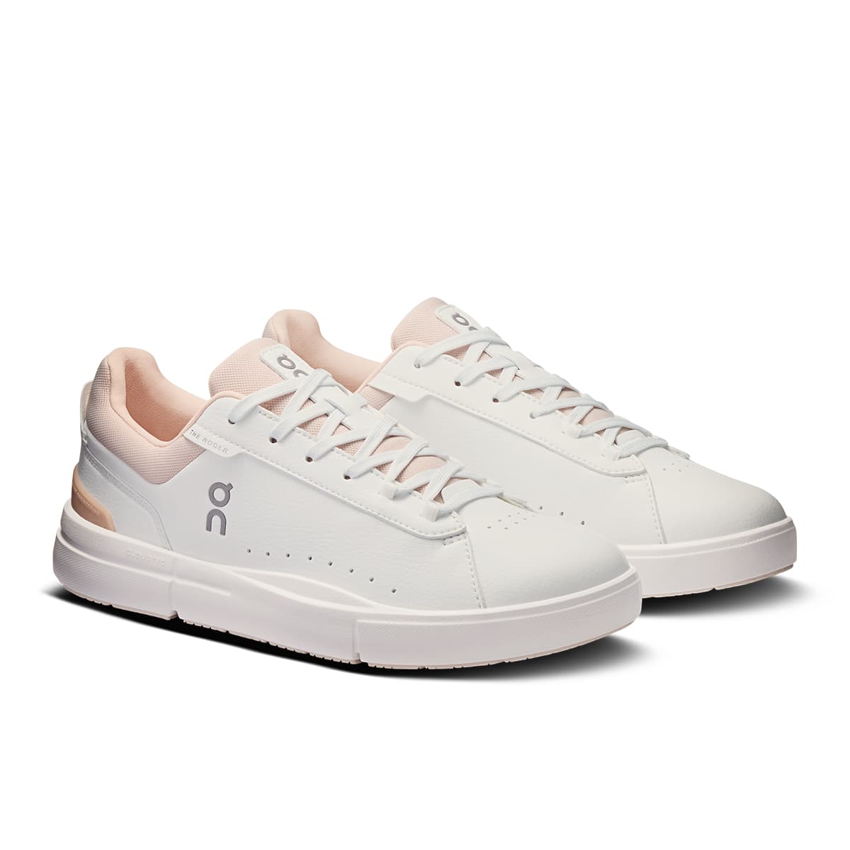 45-degree view of the On The Roger Advantage White Rosehip women’s running shoe
