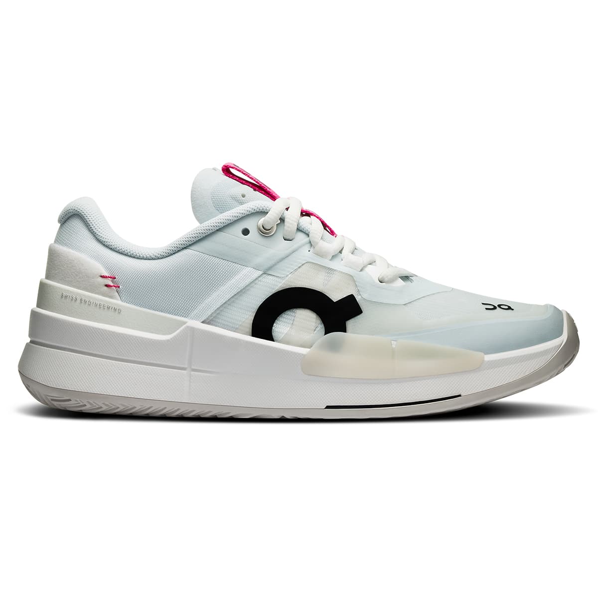 Right side view of the On The Roger Pro 2 Arctic-Pink women’s running shoe