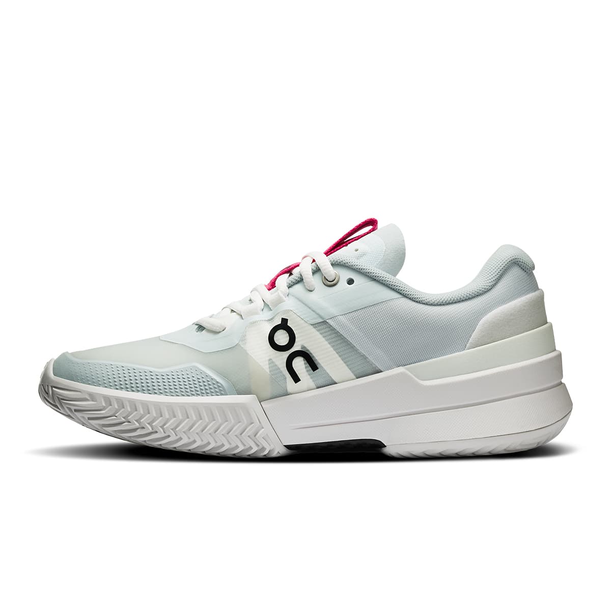 Left side view of the On The Roger Pro 2 Arctic-Pink women’s running shoe
