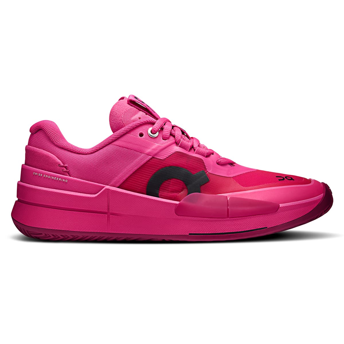 Right side view of the On The Roger Pro 2 Pink Grenadine women’s tennis shoe