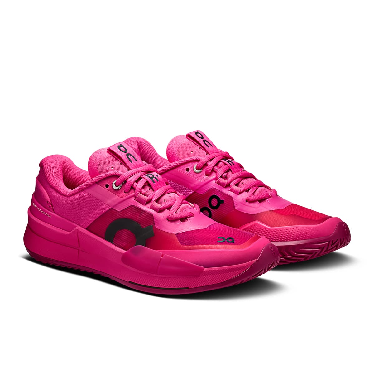 45-degree view of the On The Roger Pro 2 Pink Grenadine women’s tennis shoe