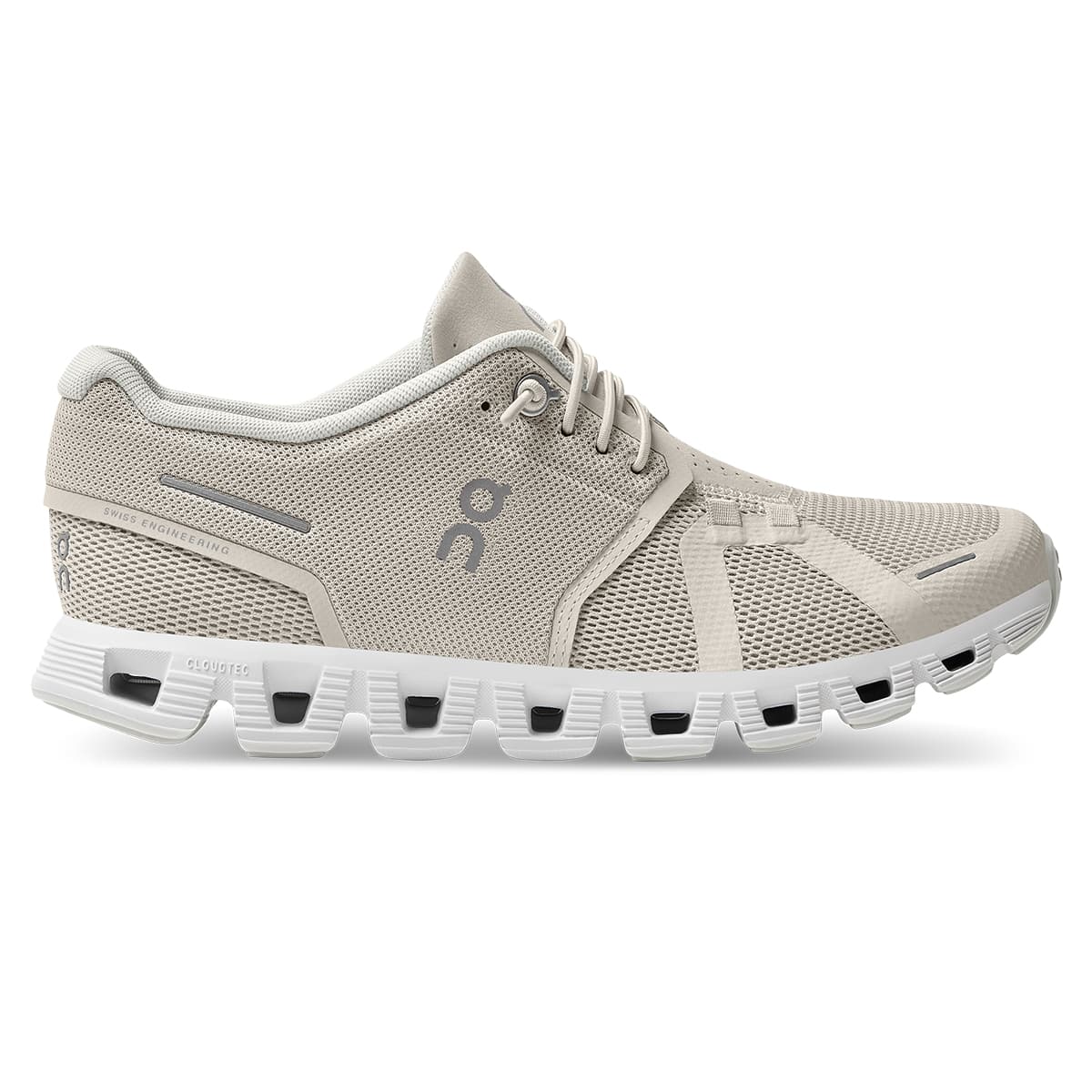 Right side view of the On Cloud 5 Pearl White women's running shoe