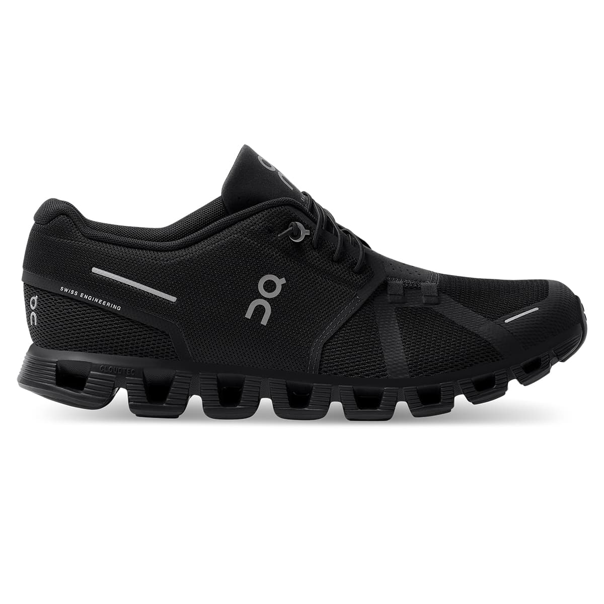 Right side view of the On Cloud 5 All Black men's running shoe