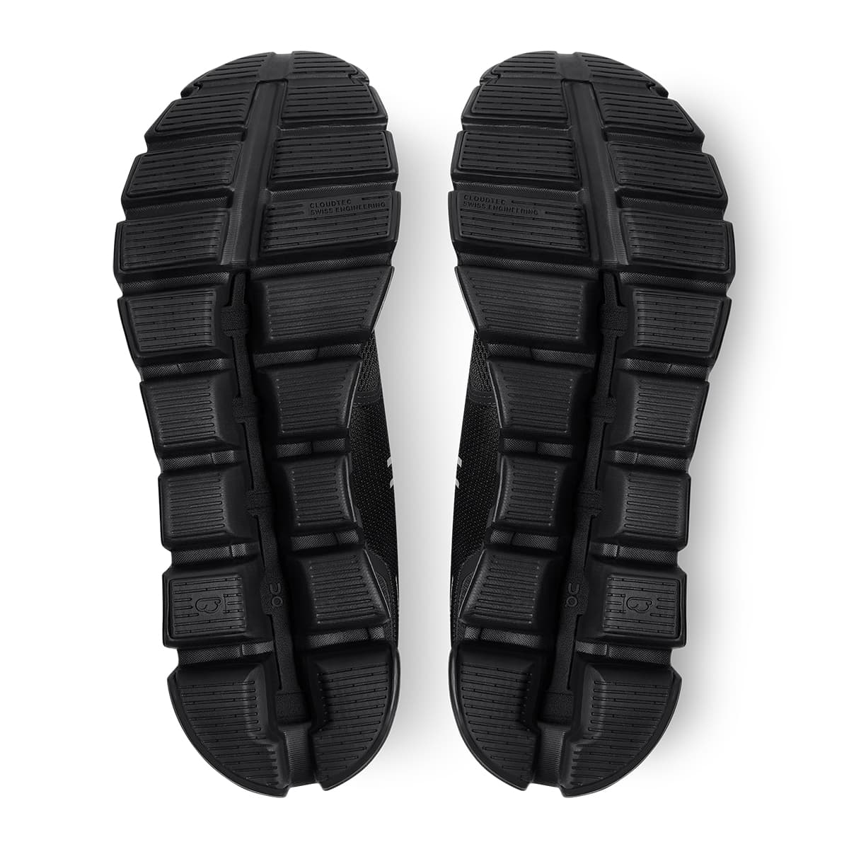 Soles of the On Cloud 5 All Black men's running shoes