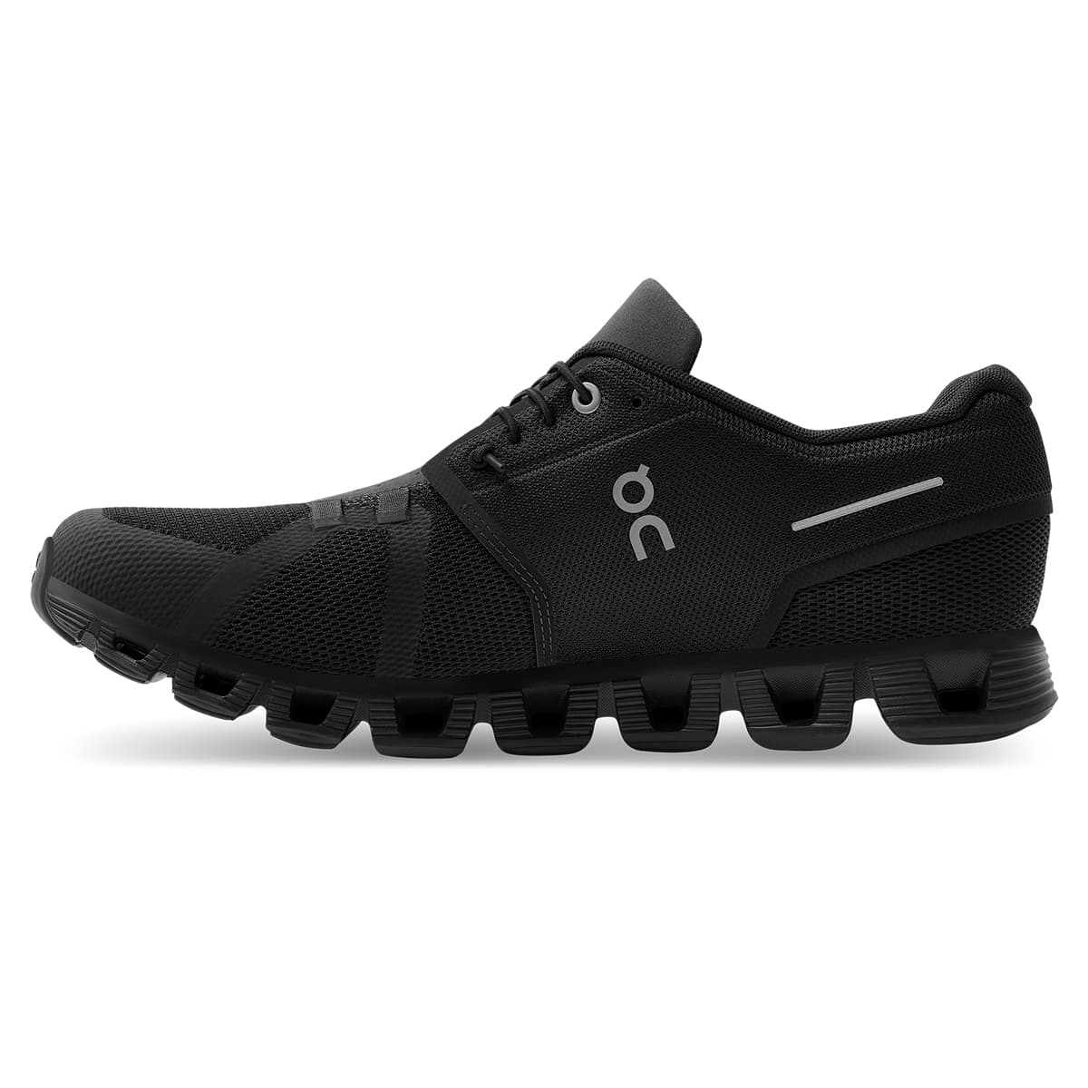 Left side view of the On Cloud 5 All Black men's running shoe