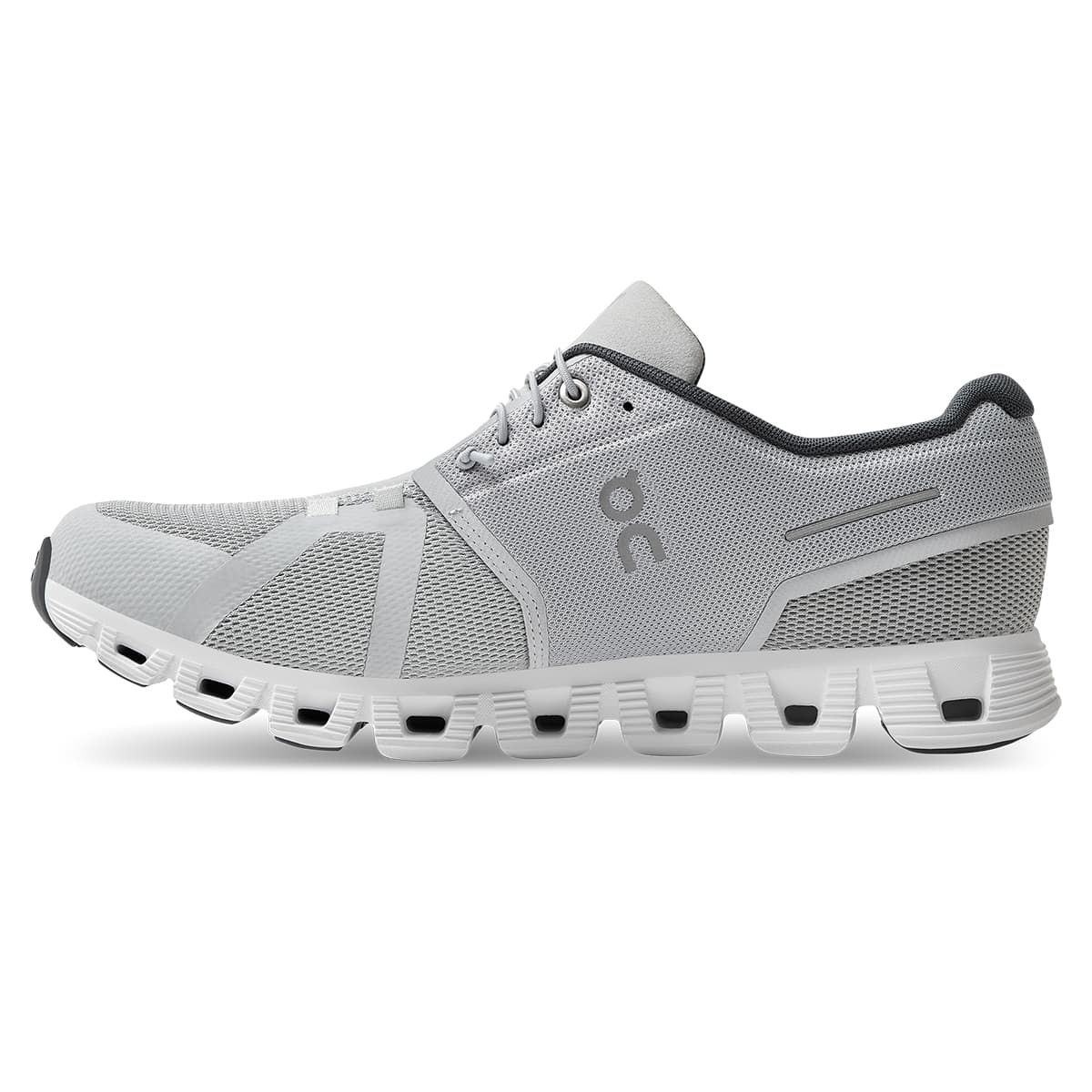 Left side view of the On Cloud 5 Glacier White men's running shoe
