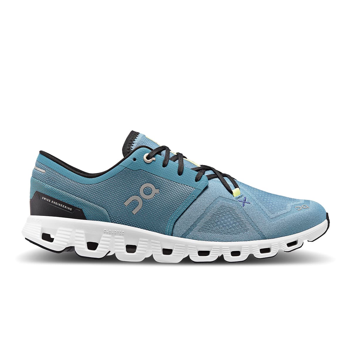 Right side view of the On Cloud X 3 Pewter White men’s running shoe